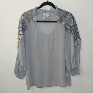 Sains Anthropologie Gray Boho Blouse Embroidered Sequins Women's Size Small